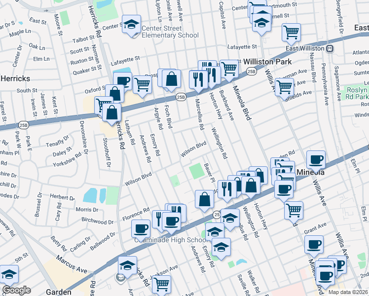 map of restaurants, bars, coffee shops, grocery stores, and more near 337 Wilson Boulevard in Mineola