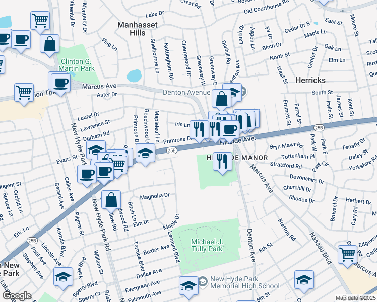 map of restaurants, bars, coffee shops, grocery stores, and more near 1952-2018 Hillside Ave in North New Hyde Park