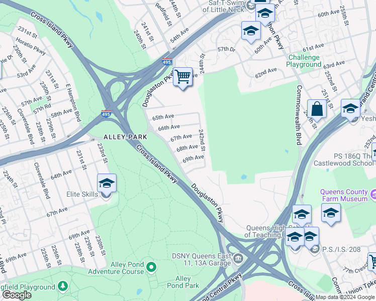 map of restaurants, bars, coffee shops, grocery stores, and more near 240-18 68th Avenue in Queens