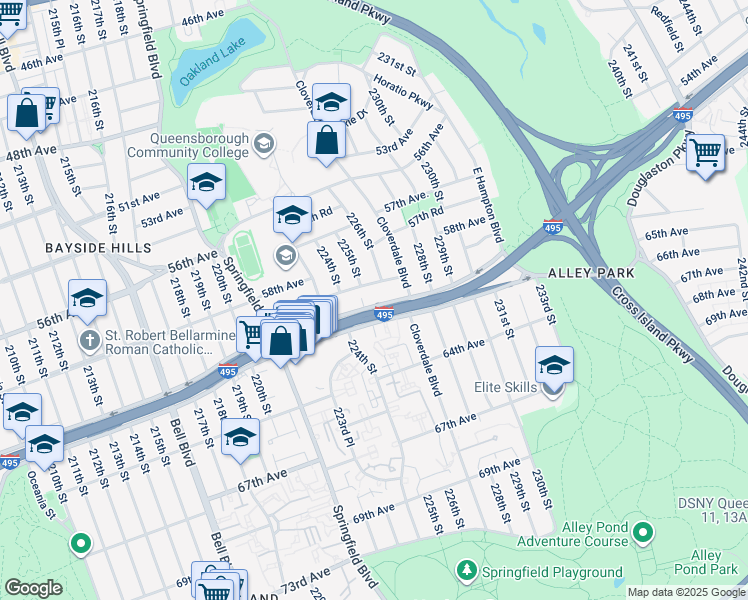 map of restaurants, bars, coffee shops, grocery stores, and more near 22486 Horace Harding Expressway in Queens