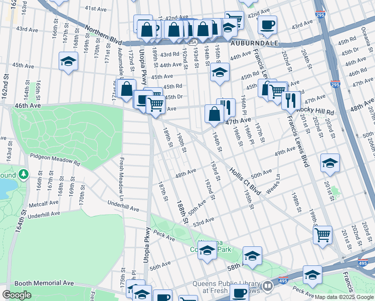 map of restaurants, bars, coffee shops, grocery stores, and more near 47-20 190th Street in Queens