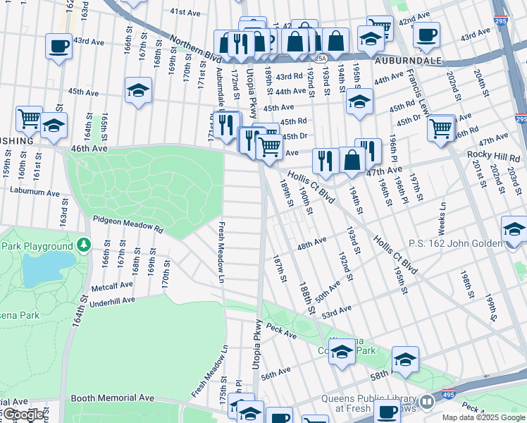 map of restaurants, bars, coffee shops, grocery stores, and more near 46-90 Utopia Parkway in Queens