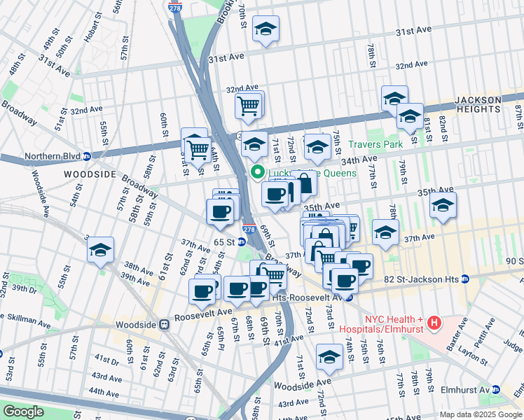 map of restaurants, bars, coffee shops, grocery stores, and more near 70-6 35th Avenue in Queens