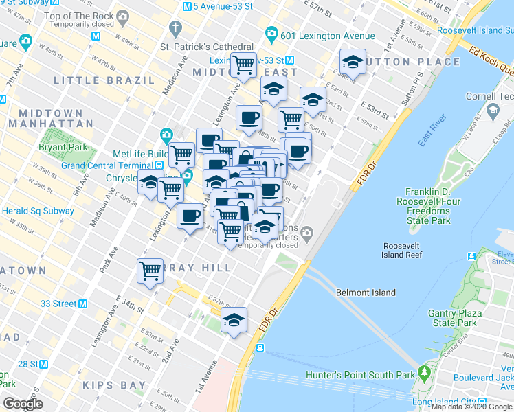map of restaurants, bars, coffee shops, grocery stores, and more near 303 East 43rd Street in New York