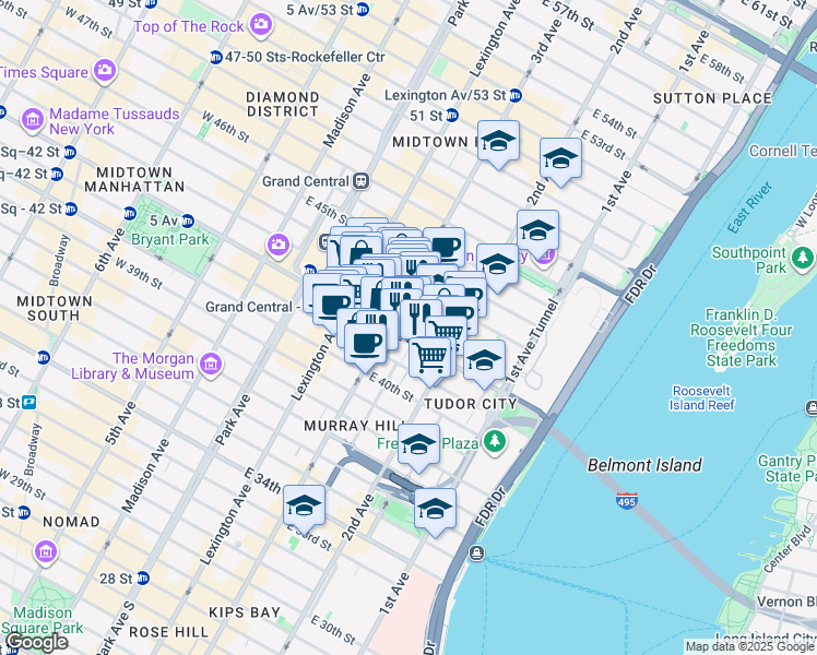 map of restaurants, bars, coffee shops, grocery stores, and more near 150 East 42nd Street in New York