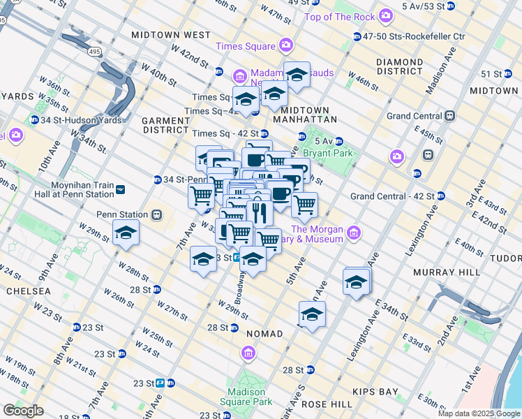 map of restaurants, bars, coffee shops, grocery stores, and more near in New York