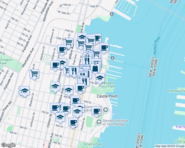 map of restaurants, bars, coffee shops, grocery stores, and more near 1117 Washington Street in Hoboken