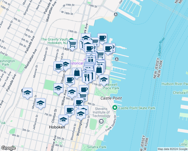 map of restaurants, bars, coffee shops, grocery stores, and more near 1117 Washington Street in Hoboken