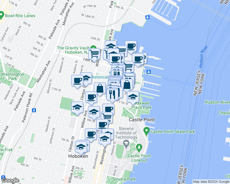 map of restaurants, bars, coffee shops, grocery stores, and more near 1117 Washington Street in Hoboken