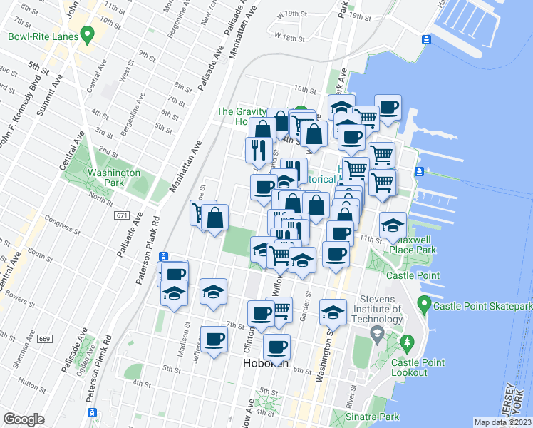 map of restaurants, bars, coffee shops, grocery stores, and more near 1035 Grand Street in Hoboken