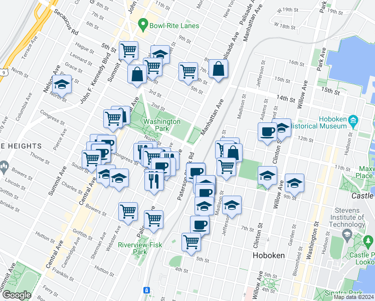 map of restaurants, bars, coffee shops, grocery stores, and more near 644 Palisade Avenue in Jersey City