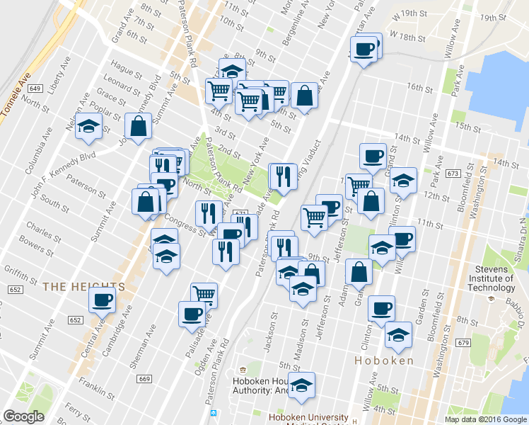 map of restaurants, bars, coffee shops, grocery stores, and more near 644 Palisade Avenue in Jersey City
