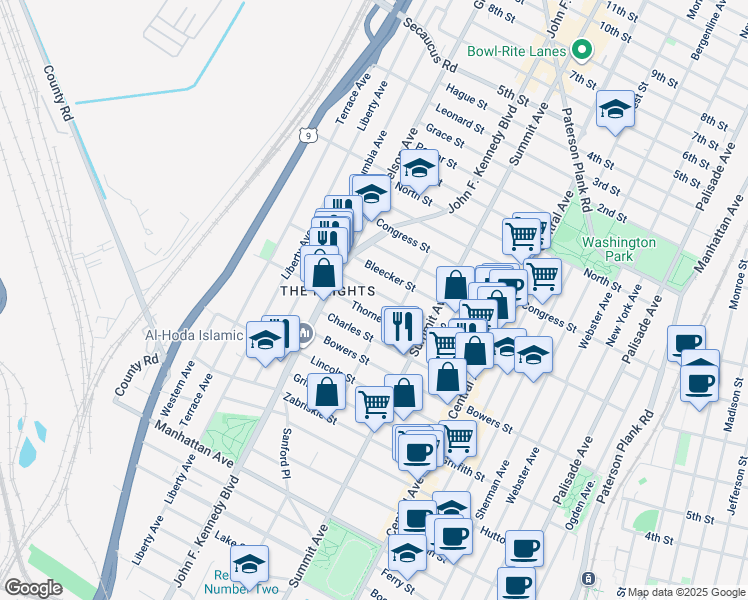 map of restaurants, bars, coffee shops, grocery stores, and more near 106 Thorne Street in Jersey City