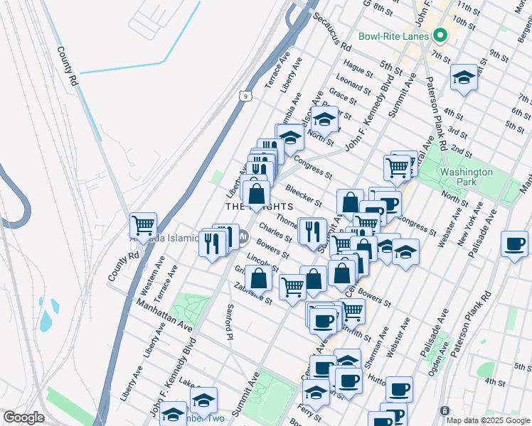 map of restaurants, bars, coffee shops, grocery stores, and more near in Jersey City