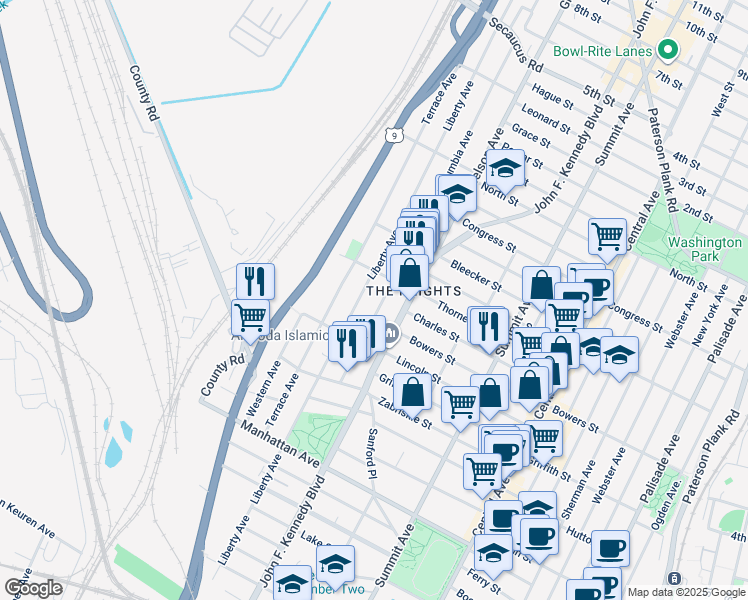 map of restaurants, bars, coffee shops, grocery stores, and more near 76 Columbia Avenue in Jersey City