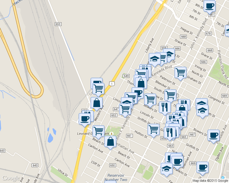 map of restaurants, bars, coffee shops, grocery stores, and more near 119 Terrace Avenue in Jersey City