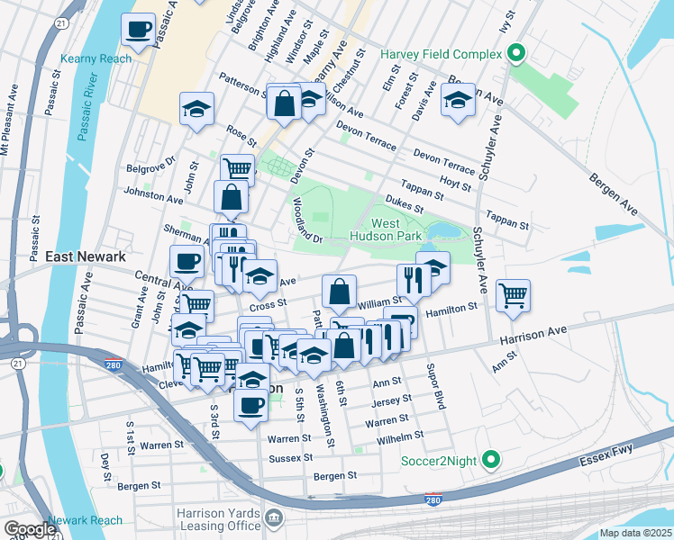 map of restaurants, bars, coffee shops, grocery stores, and more near 512 Davis Avenue in Harrison