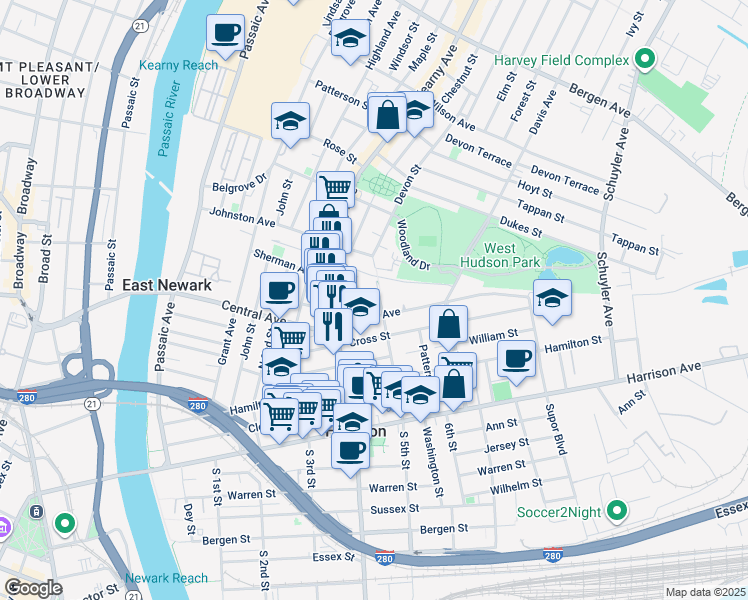 map of restaurants, bars, coffee shops, grocery stores, and more near 436 Central Avenue in Harrison