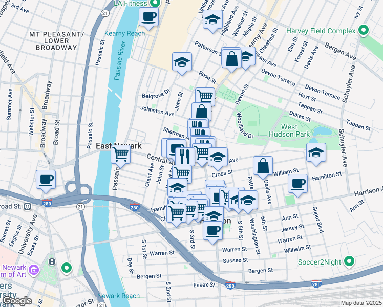 map of restaurants, bars, coffee shops, grocery stores, and more near 509 North 3rd Street in East Newark