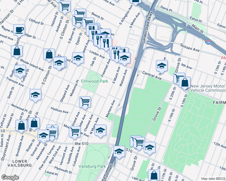 map of restaurants, bars, coffee shops, grocery stores, and more near 91 Watson Avenue in East Orange