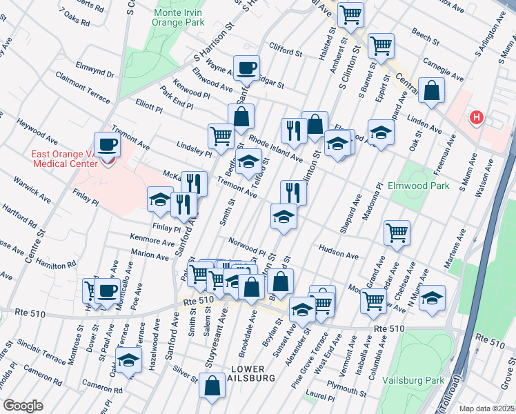 map of restaurants, bars, coffee shops, grocery stores, and more near 132 Telford Street in Newark