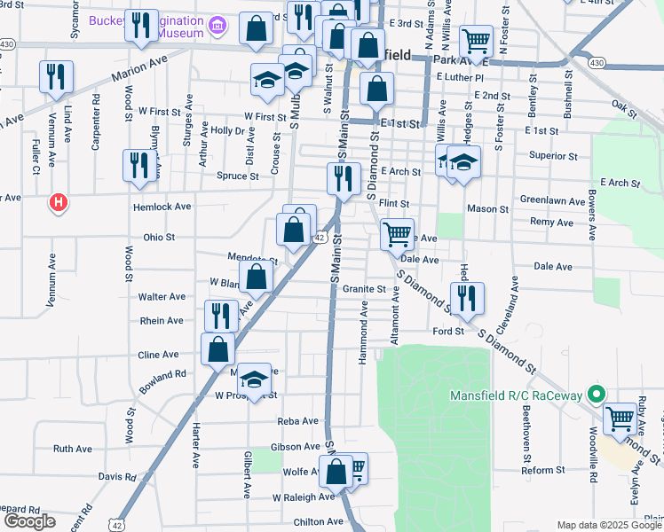 map of restaurants, bars, coffee shops, grocery stores, and more near 292 South Main Street in Mansfield