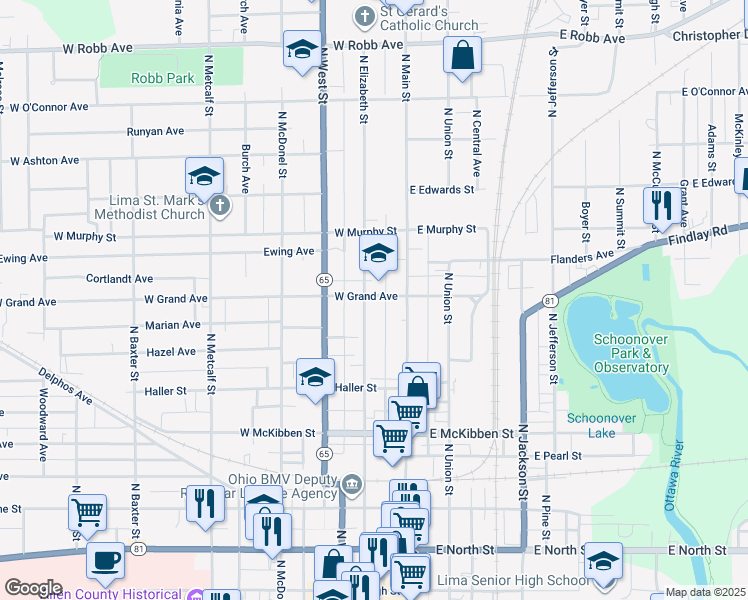 map of restaurants, bars, coffee shops, grocery stores, and more near 688 North Elizabeth Street in Lima