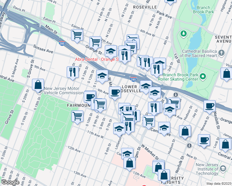 map of restaurants, bars, coffee shops, grocery stores, and more near 26 North 7th Street in Newark
