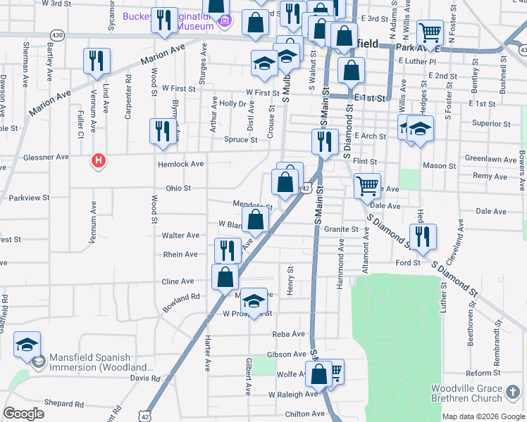 map of restaurants, bars, coffee shops, grocery stores, and more near 87 Mendota Street in Mansfield
