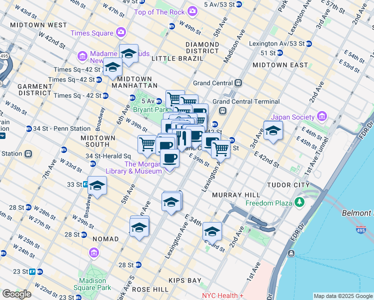map of restaurants, bars, coffee shops, grocery stores, and more near 27-29 East 39th Street in New York