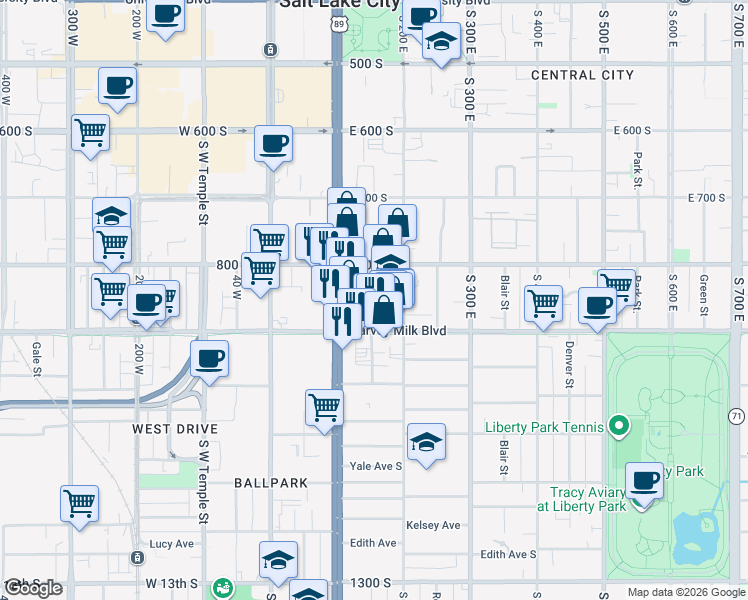 map of restaurants, bars, coffee shops, grocery stores, and more near 843 Edison Street in Salt Lake City