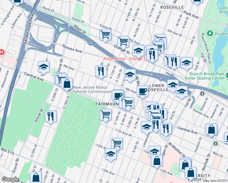 map of restaurants, bars, coffee shops, grocery stores, and more near 114 South 12th Street in Newark