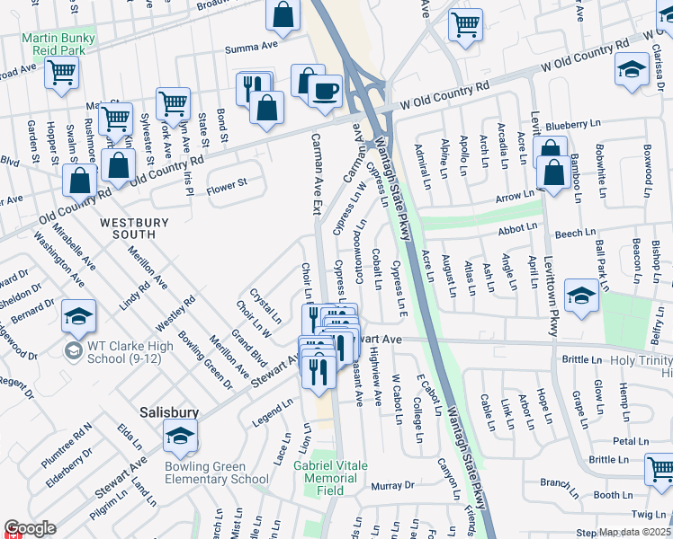 map of restaurants, bars, coffee shops, grocery stores, and more near 7 Cardinal Lane in Westbury