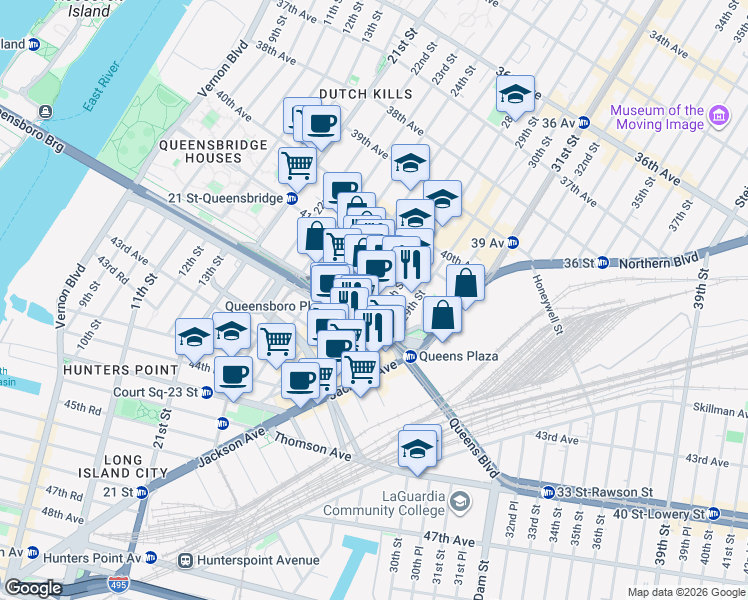 map of restaurants, bars, coffee shops, grocery stores, and more near 27-01 Queens Plaza North in Queens