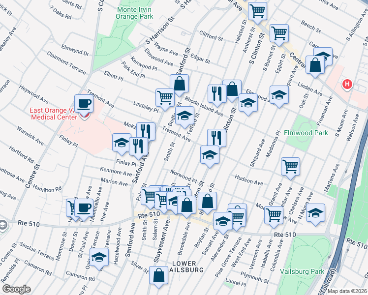 map of restaurants, bars, coffee shops, grocery stores, and more near 132 Telford Street in Newark