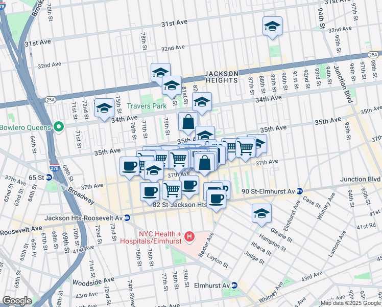 map of restaurants, bars, coffee shops, grocery stores, and more near 3550 81st Street in Queens