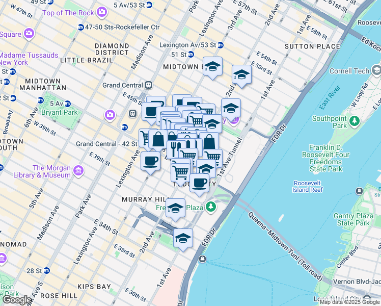 map of restaurants, bars, coffee shops, grocery stores, and more near 245 East 43rd Street in New York