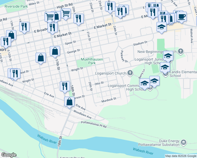map of restaurants, bars, coffee shops, grocery stores, and more near 953 21st Street in Logansport