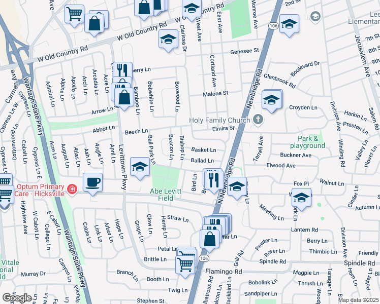 map of restaurants, bars, coffee shops, grocery stores, and more near 9 Ballad Lane in Hicksville