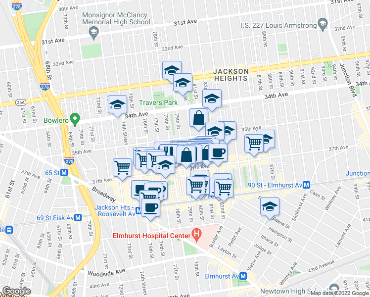map of restaurants, bars, coffee shops, grocery stores, and more near 3545 79th Street in Queens