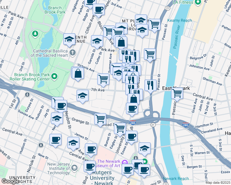 map of restaurants, bars, coffee shops, grocery stores, and more near in Newark