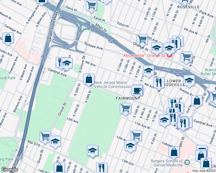 map of restaurants, bars, coffee shops, grocery stores, and more near 625 Central Avenue in Newark
