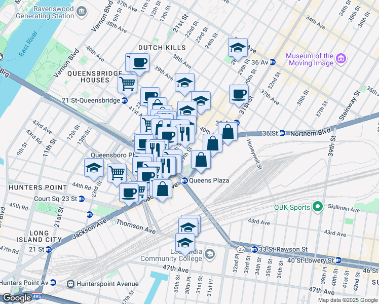 map of restaurants, bars, coffee shops, grocery stores, and more near 29-37 41st Avenue in Queens