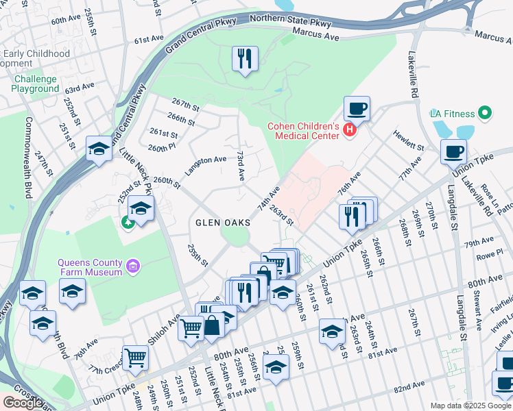 map of restaurants, bars, coffee shops, grocery stores, and more near 260-33 74th Avenue in Queens