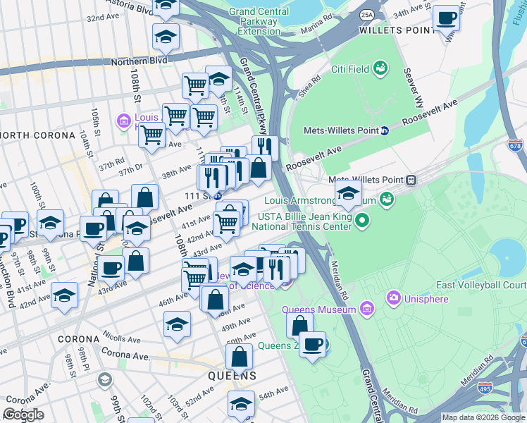 map of restaurants, bars, coffee shops, grocery stores, and more near 111-69 43rd Avenue in Queens