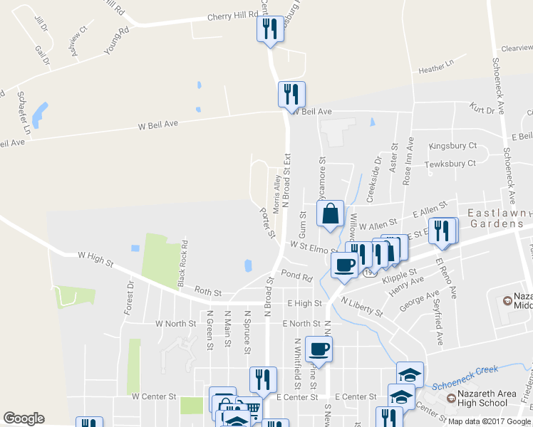 map of restaurants, bars, coffee shops, grocery stores, and more near 30 Morris Street in Nazareth