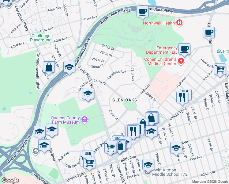 map of restaurants, bars, coffee shops, grocery stores, and more near 73rd Avenue & 260th Street in Queens