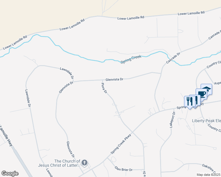 map of restaurants, bars, coffee shops, grocery stores, and more near 214 Flora Drive in Spring Creek
