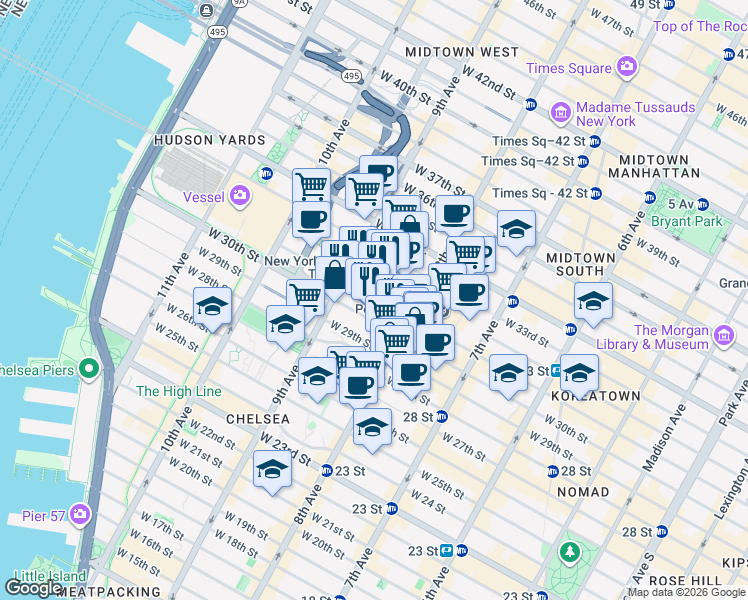 map of restaurants, bars, coffee shops, grocery stores, and more near 340 West 31st Street in New York