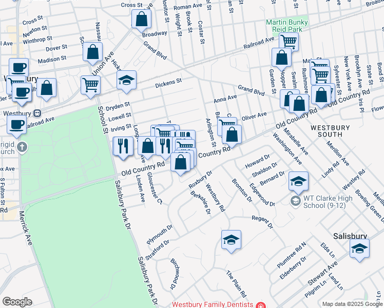 map of restaurants, bars, coffee shops, grocery stores, and more near 659 Westbury Road in Westbury